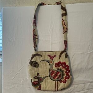 Embroidered Beige Crossbody Bag with Pink and Brown Accents